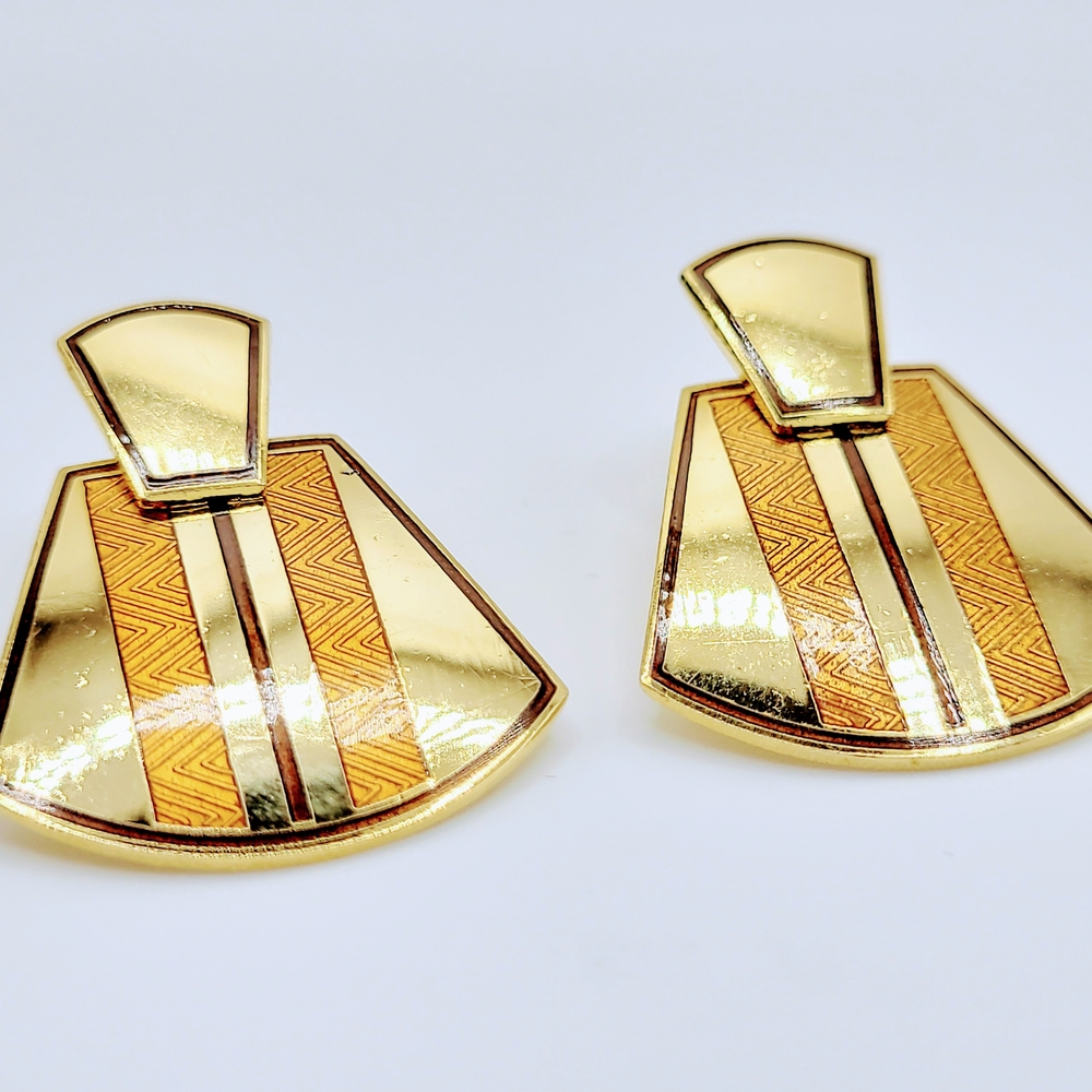 Vintage Nuri Gold Tone Geometric Earrings 80s Signed Fan Shape